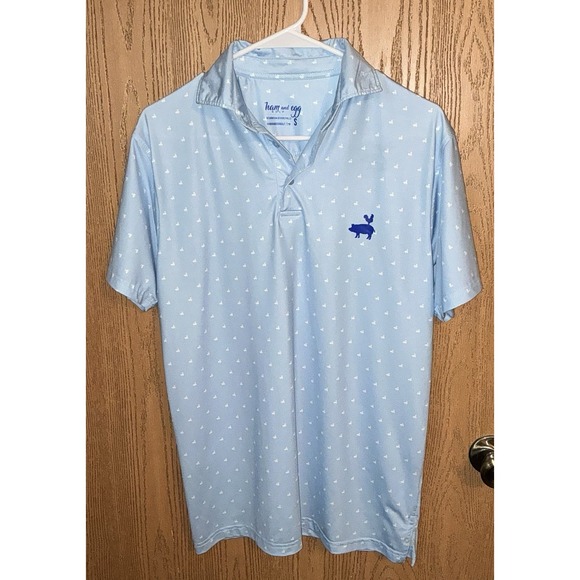 Other - Mens HAM AND EGG‎ Golf Golfing Blue Polo Shirt Pig & Chicken Print Sz Small